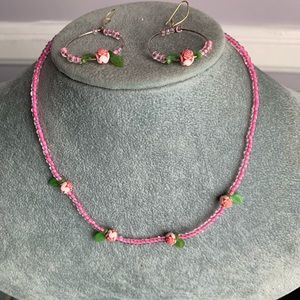 Vintage pink beaded necklace and hoop earrings set with pink flower beads